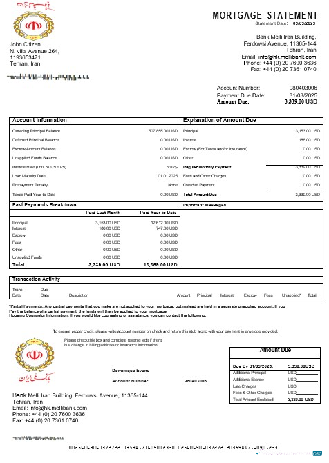 Download Iran Melli Bank mortgage statement in Word and PDF formats Photoshop template